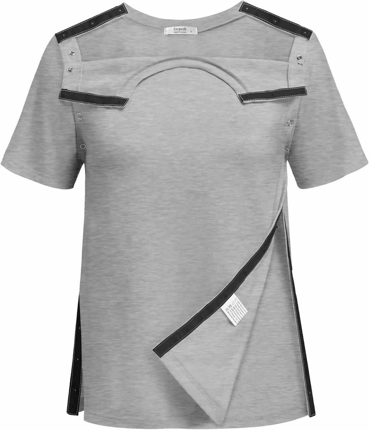 imageDeyeek Post Surgery Shirts Women Shoulder Recovery Tear Away Chemo Port Access Rotator Cuff Rehab Adaptive Clothing HospitalLight Gray