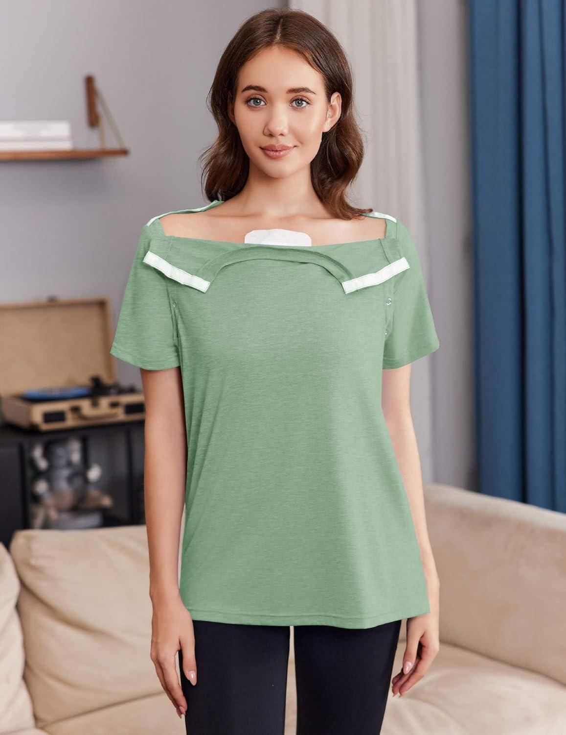 imageDeyeek Post Surgery Shirts Women Shoulder Recovery Tear Away Chemo Port Access Rotator Cuff Rehab Adaptive Clothing HospitalLight Green