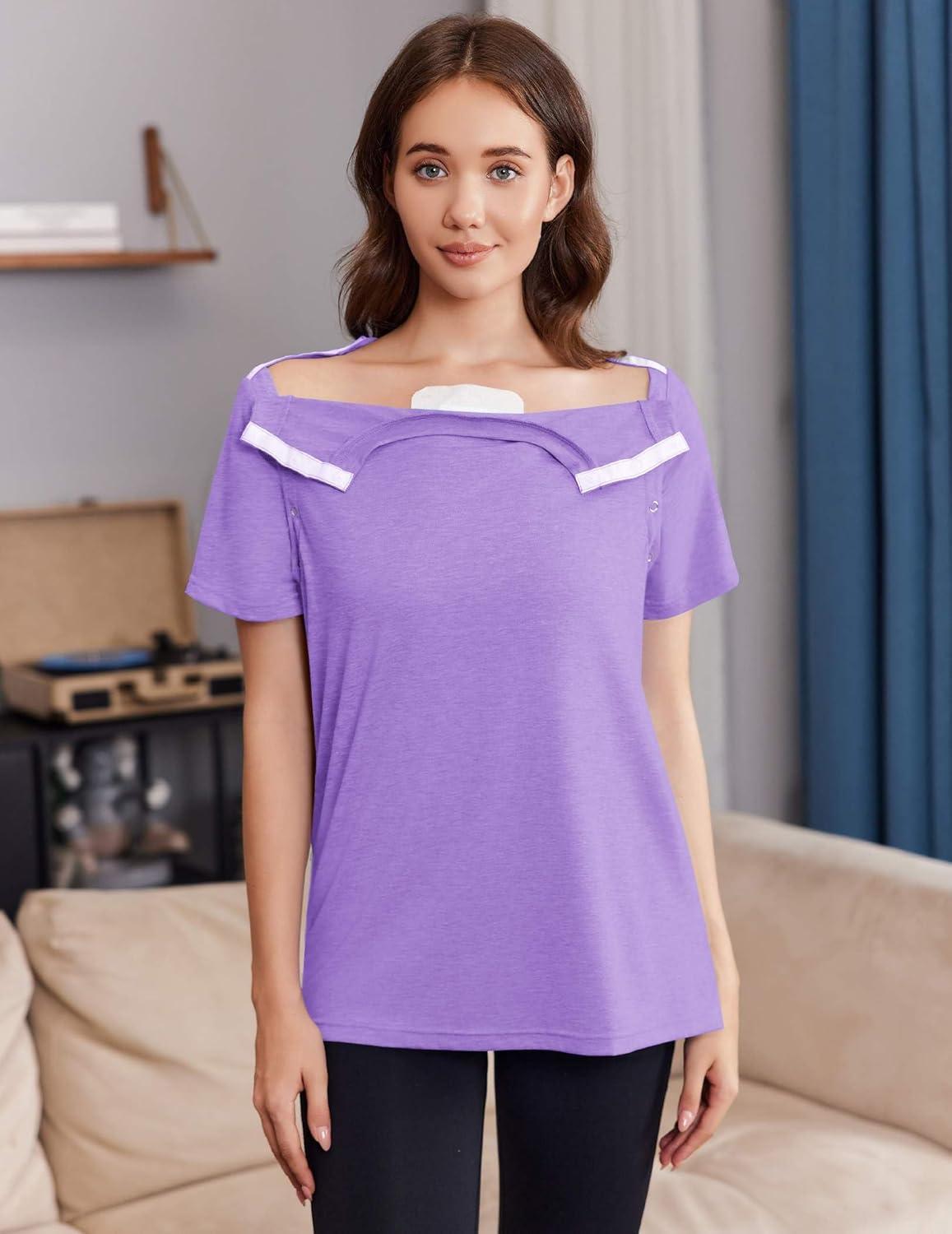 imageDeyeek Post Surgery Shirts Women Shoulder Recovery Tear Away Chemo Port Access Rotator Cuff Rehab Adaptive Clothing HospitalLight Purple