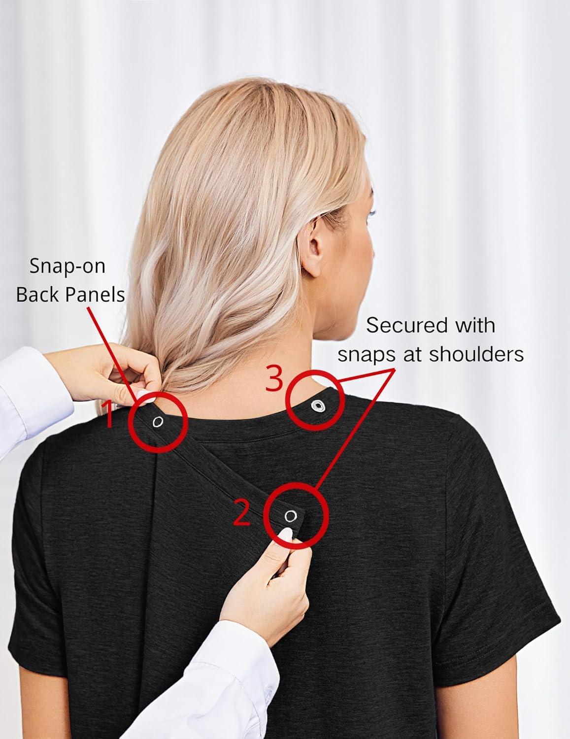 imageDeyeek Post Surgery Shirts for Women Tear Away Snap Open Back Top Hospital Shirts Short Sleeve Adaptive Clothing with PocketsBlack