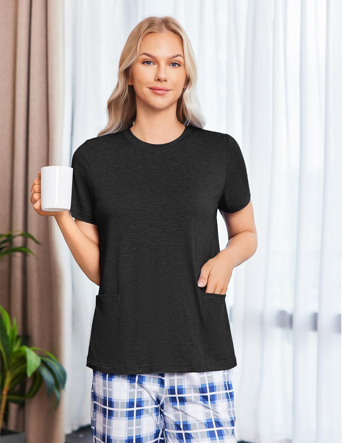 imageDeyeek Post Surgery Shirts for Women Tear Away Snap Open Back Top Hospital Shirts Short Sleeve Adaptive Clothing with PocketsBlack