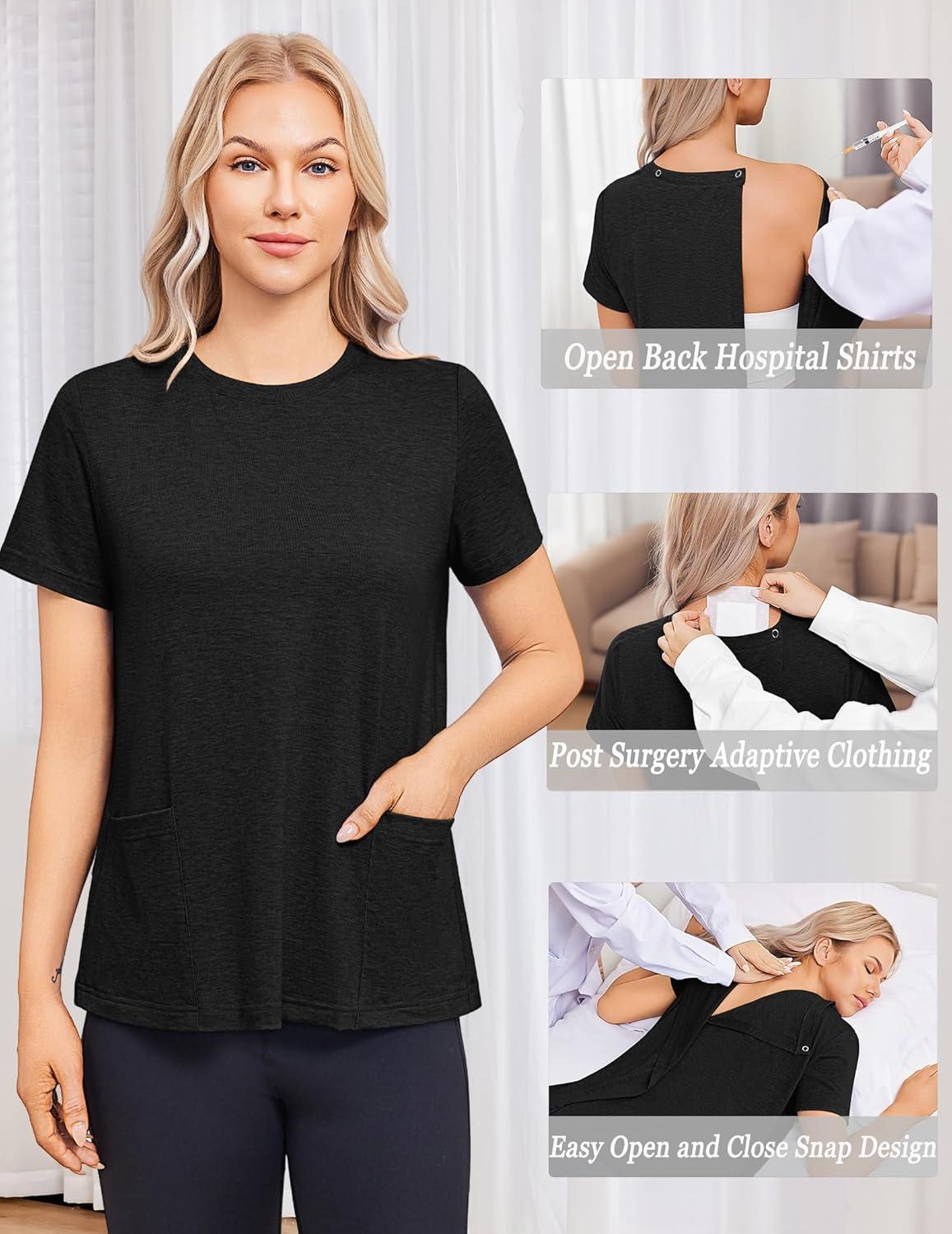 imageDeyeek Post Surgery Shirts for Women Tear Away Snap Open Back Top Hospital Shirts Short Sleeve Adaptive Clothing with PocketsBlack
