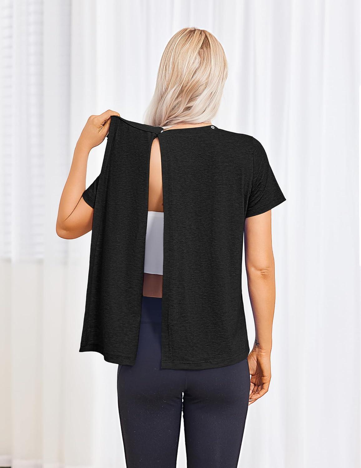 imageDeyeek Post Surgery Shirts for Women Tear Away Snap Open Back Top Hospital Shirts Short Sleeve Adaptive Clothing with PocketsBlack
