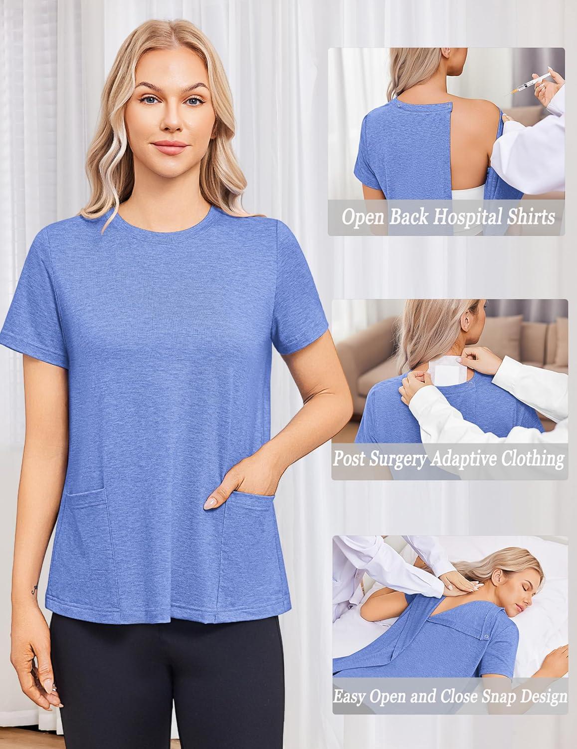 imageDeyeek Post Surgery Shirts for Women Tear Away Snap Open Back Top Hospital Shirts Short Sleeve Adaptive Clothing with PocketsBlue