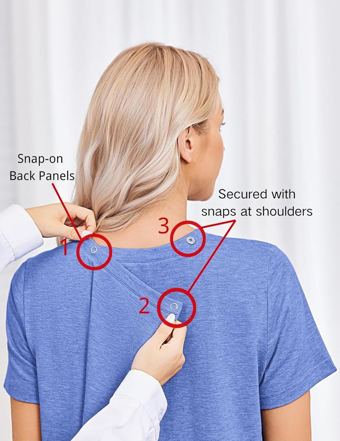 imageDeyeek Post Surgery Shirts for Women Tear Away Snap Open Back Top Hospital Shirts Short Sleeve Adaptive Clothing with PocketsBlue