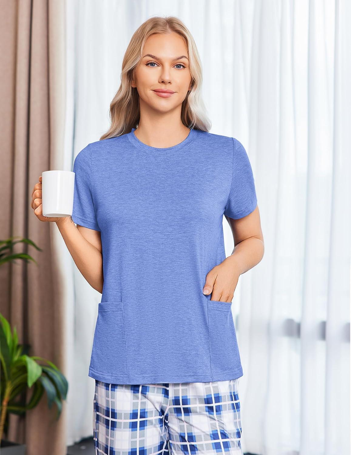 imageDeyeek Post Surgery Shirts for Women Tear Away Snap Open Back Top Hospital Shirts Short Sleeve Adaptive Clothing with PocketsBlue