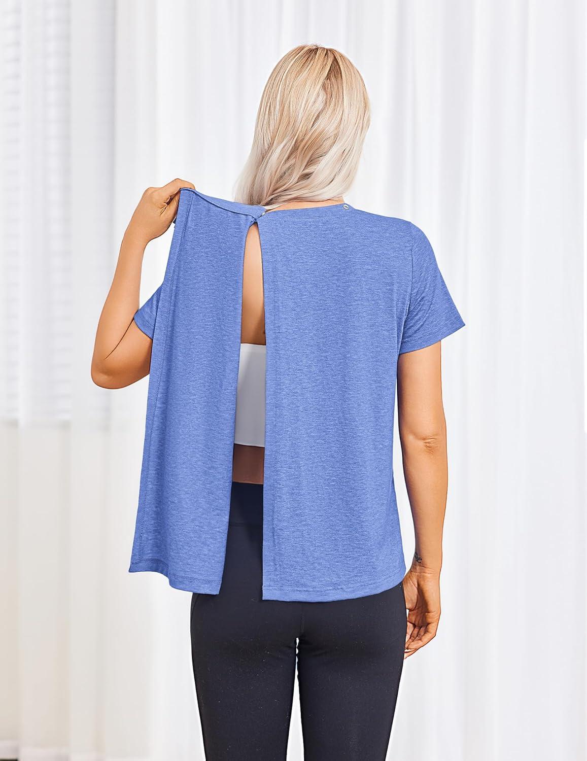 imageDeyeek Post Surgery Shirts for Women Tear Away Snap Open Back Top Hospital Shirts Short Sleeve Adaptive Clothing with PocketsBlue