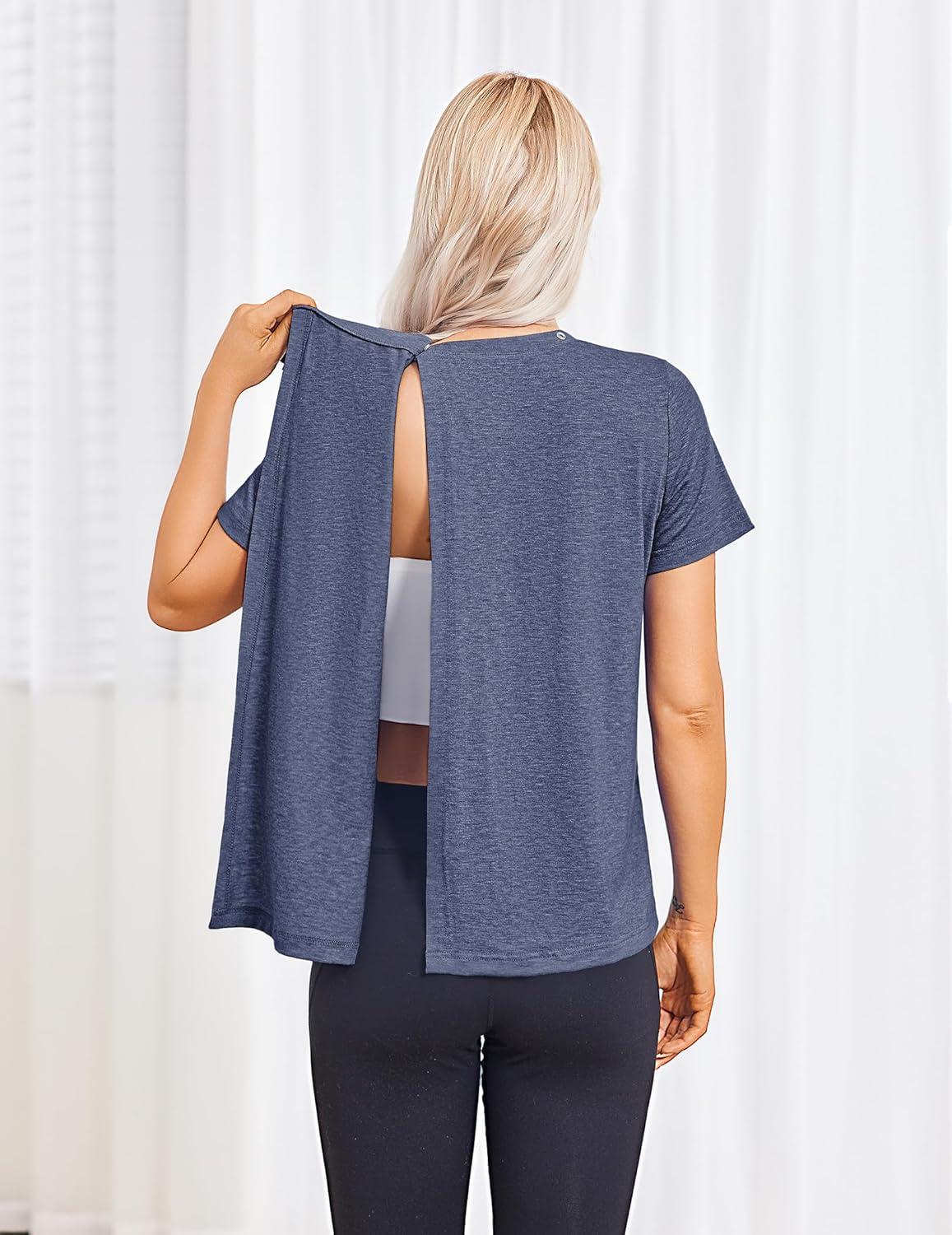 imageDeyeek Post Surgery Shirts for Women Tear Away Snap Open Back Top Hospital Shirts Short Sleeve Adaptive Clothing with PocketsBlue Purple
