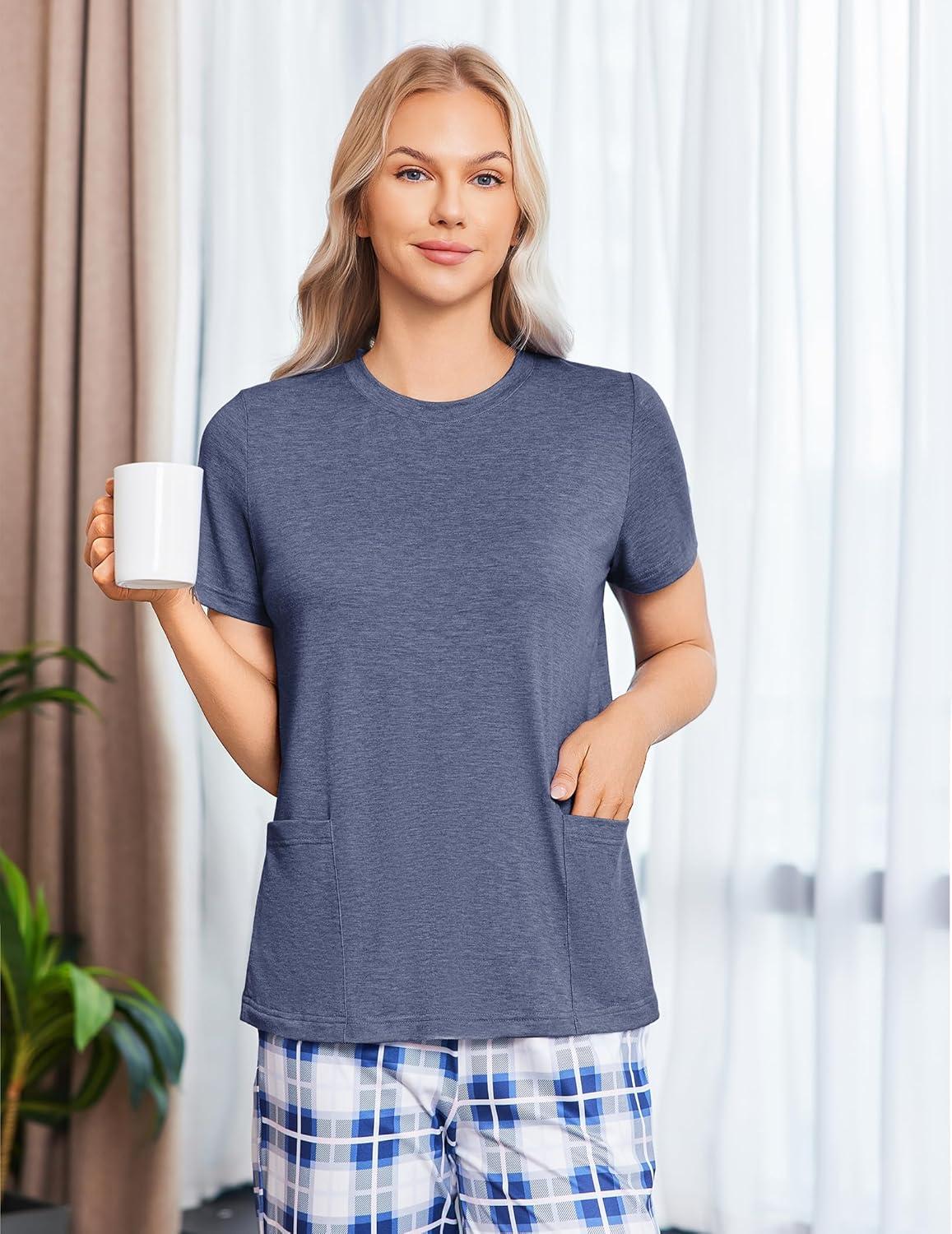 imageDeyeek Post Surgery Shirts for Women Tear Away Snap Open Back Top Hospital Shirts Short Sleeve Adaptive Clothing with PocketsBlue Purple