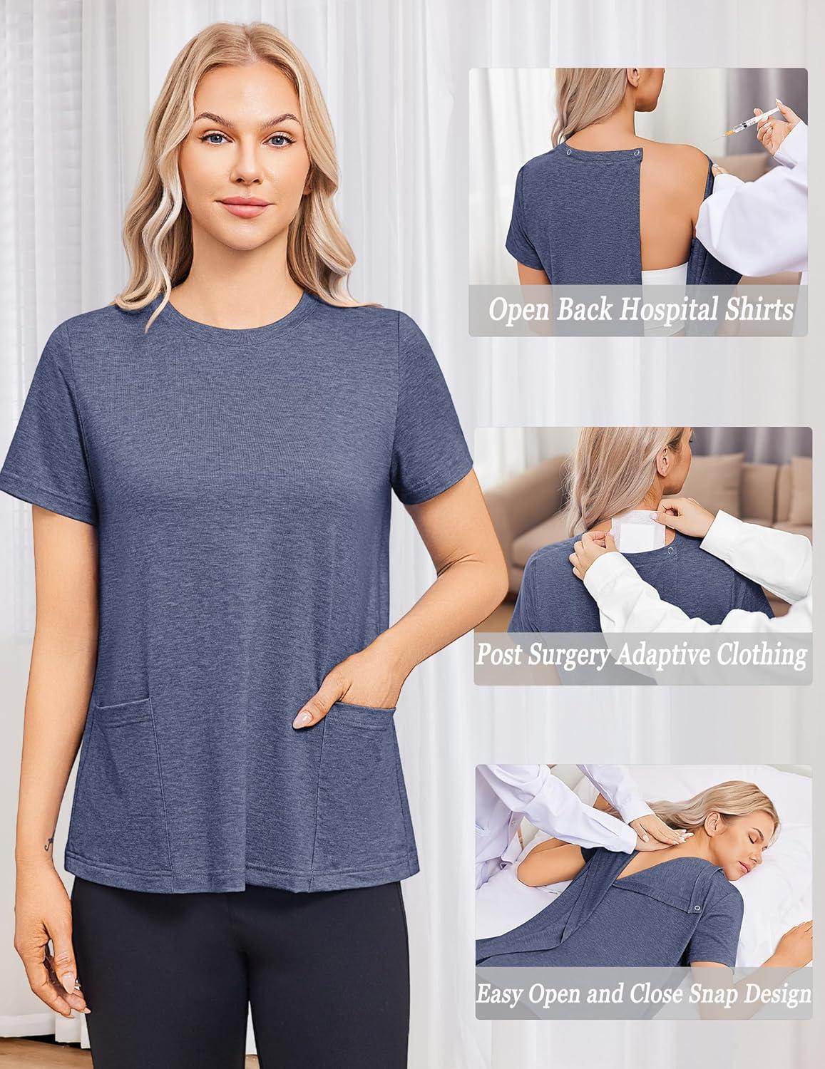 imageDeyeek Post Surgery Shirts for Women Tear Away Snap Open Back Top Hospital Shirts Short Sleeve Adaptive Clothing with PocketsBlue Purple