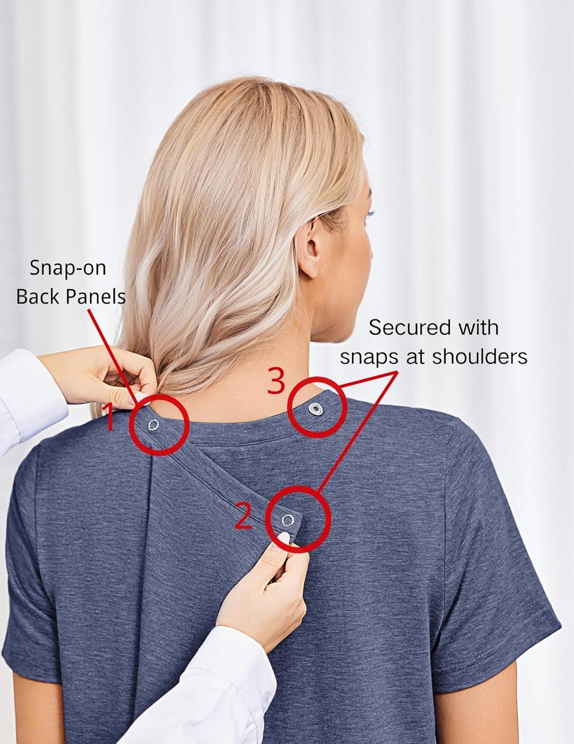 imageDeyeek Post Surgery Shirts for Women Tear Away Snap Open Back Top Hospital Shirts Short Sleeve Adaptive Clothing with PocketsBlue Purple