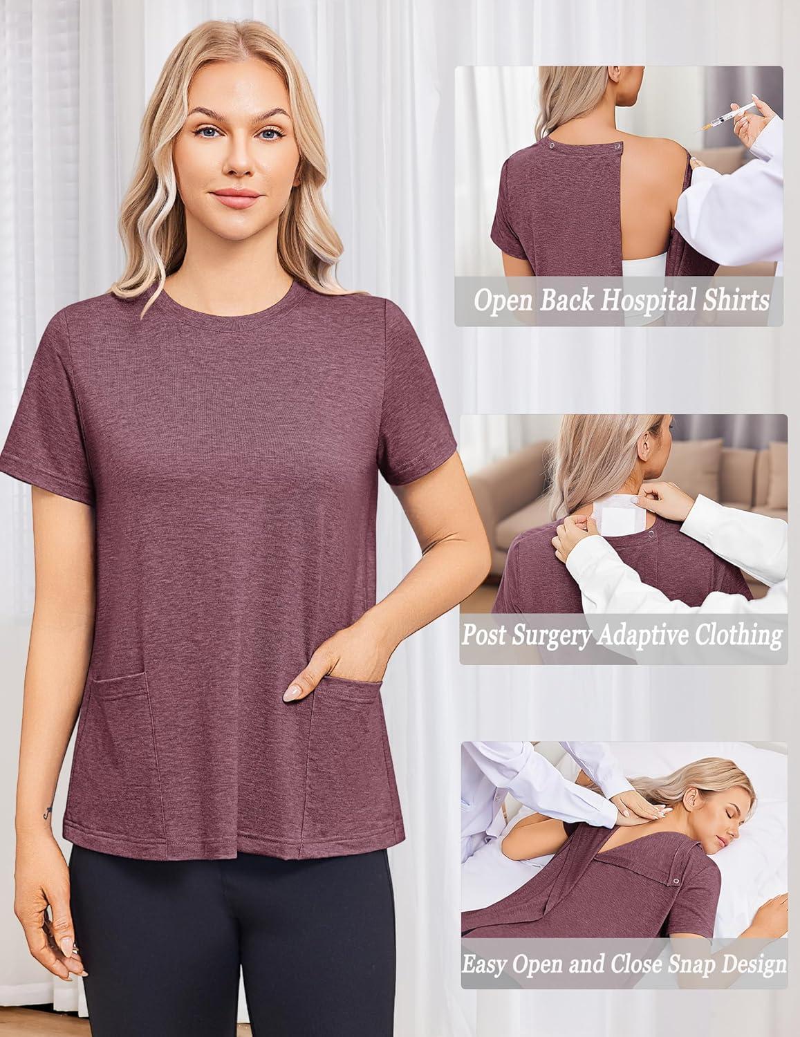imageDeyeek Post Surgery Shirts for Women Tear Away Snap Open Back Top Hospital Shirts Short Sleeve Adaptive Clothing with PocketsBurgundy