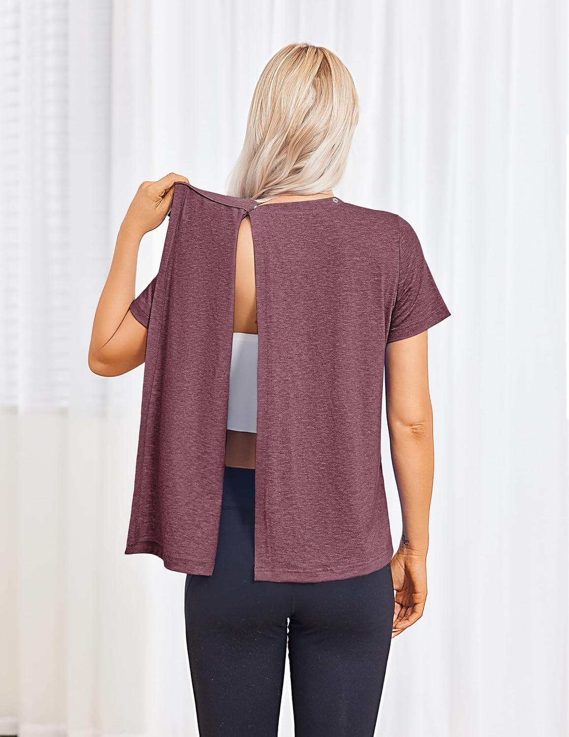 imageDeyeek Post Surgery Shirts for Women Tear Away Snap Open Back Top Hospital Shirts Short Sleeve Adaptive Clothing with PocketsBurgundy