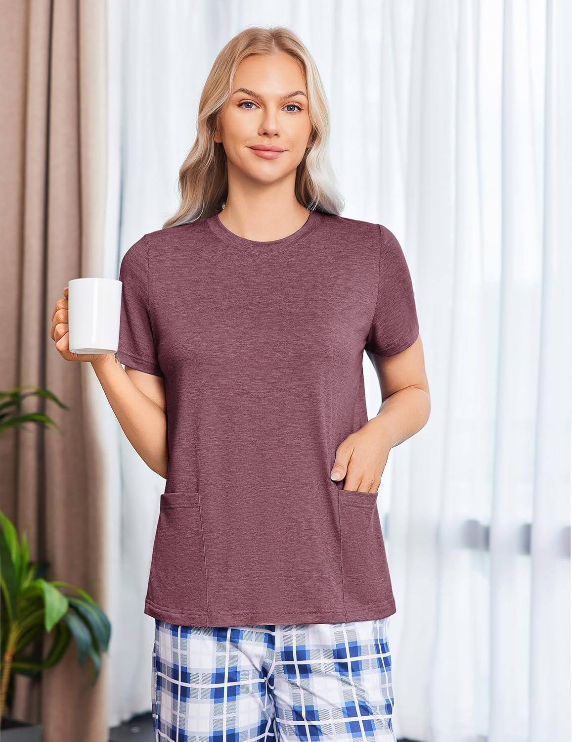 imageDeyeek Post Surgery Shirts for Women Tear Away Snap Open Back Top Hospital Shirts Short Sleeve Adaptive Clothing with PocketsBurgundy