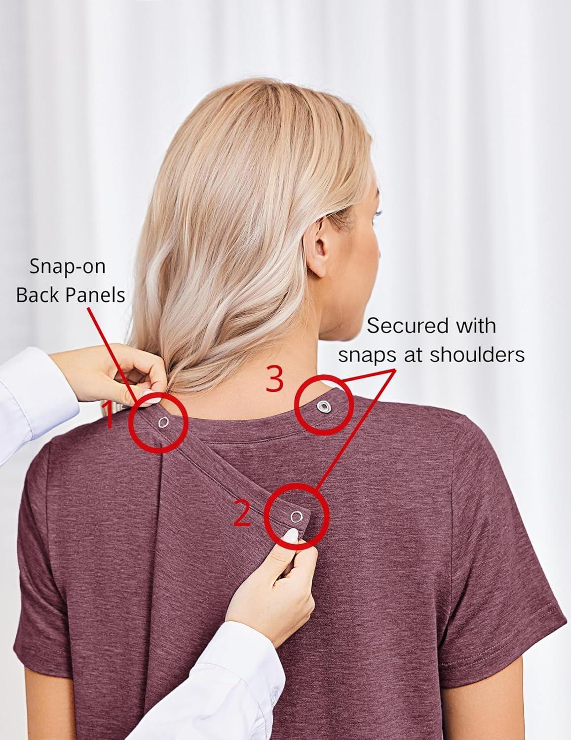 imageDeyeek Post Surgery Shirts for Women Tear Away Snap Open Back Top Hospital Shirts Short Sleeve Adaptive Clothing with PocketsBurgundy