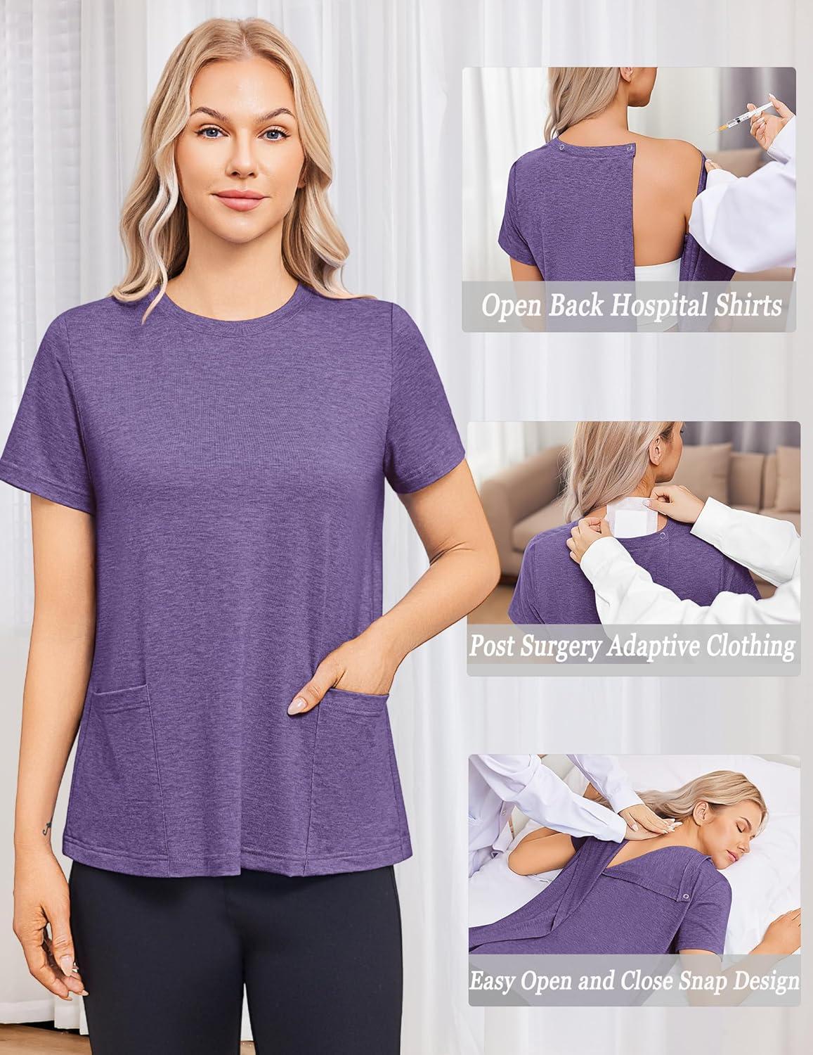 imageDeyeek Post Surgery Shirts for Women Tear Away Snap Open Back Top Hospital Shirts Short Sleeve Adaptive Clothing with PocketsPurple