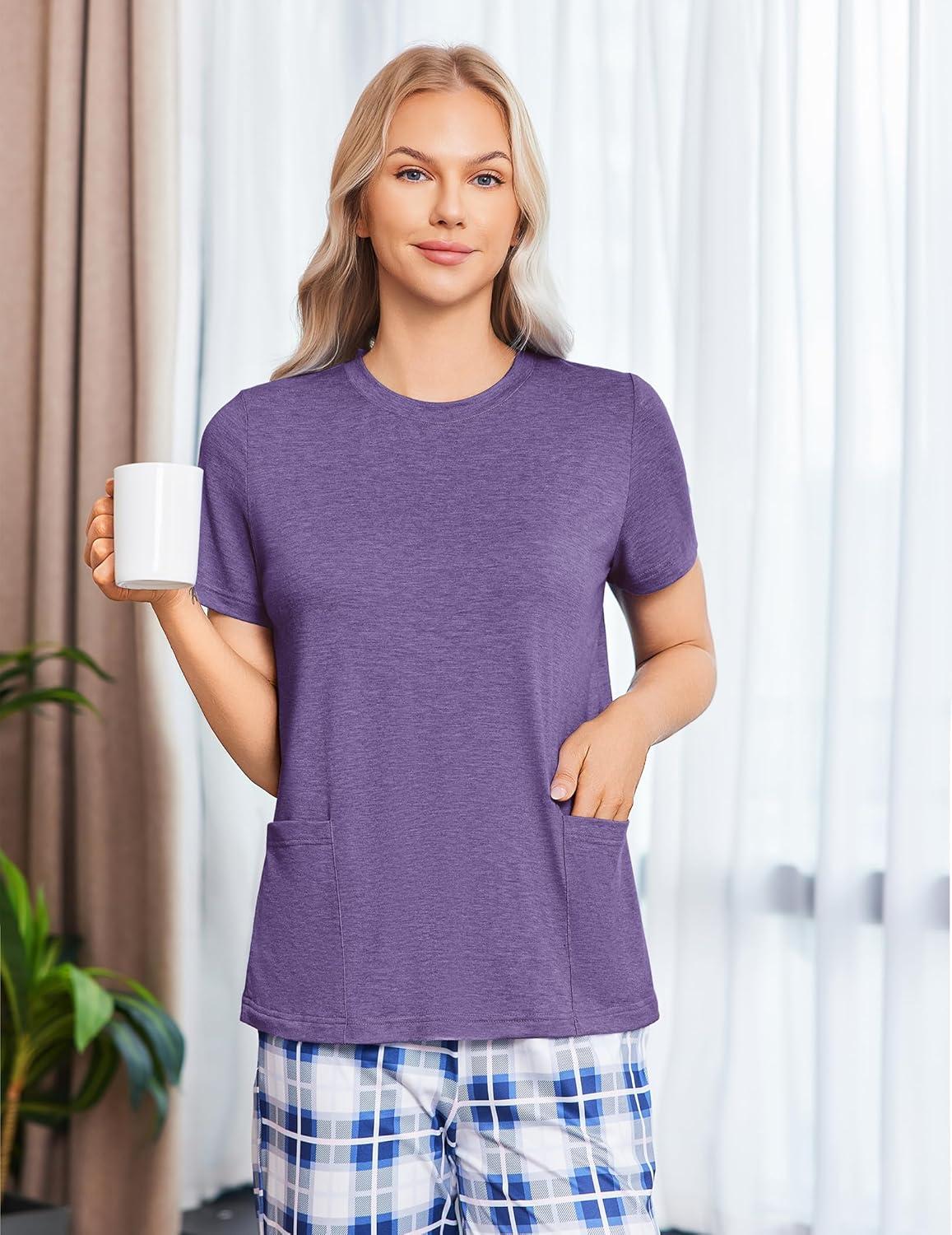 imageDeyeek Post Surgery Shirts for Women Tear Away Snap Open Back Top Hospital Shirts Short Sleeve Adaptive Clothing with PocketsPurple