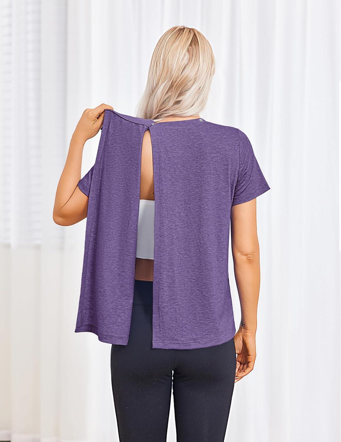 imageDeyeek Post Surgery Shirts for Women Tear Away Snap Open Back Top Hospital Shirts Short Sleeve Adaptive Clothing with PocketsPurple