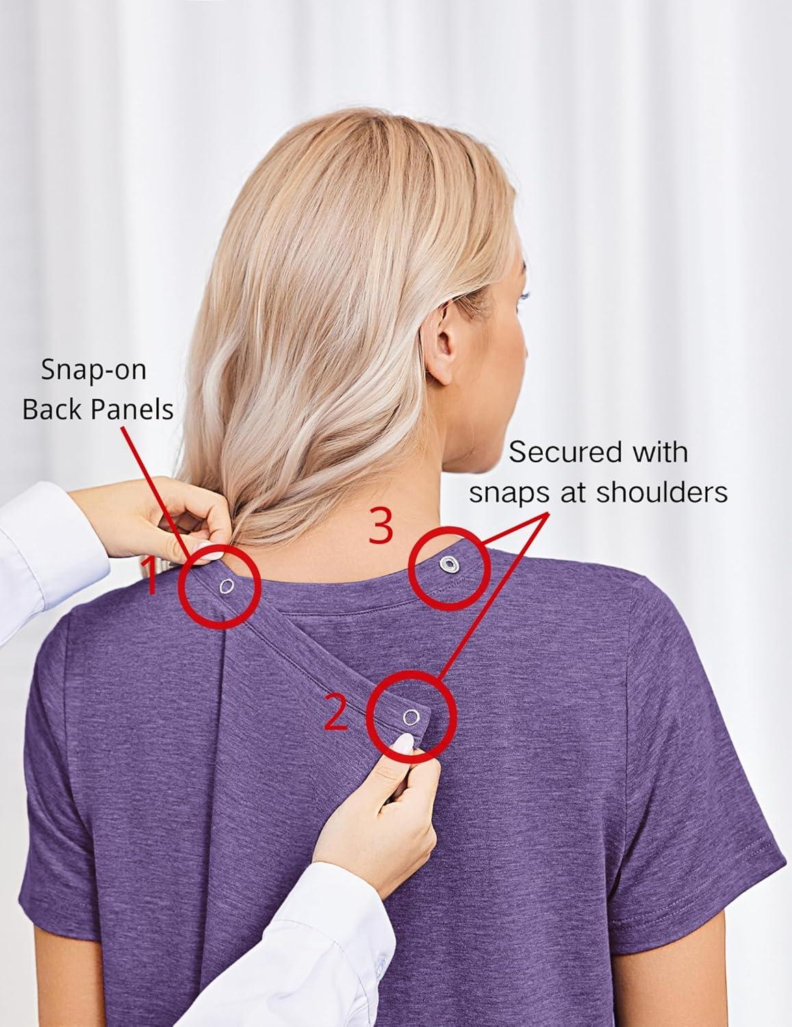 imageDeyeek Post Surgery Shirts for Women Tear Away Snap Open Back Top Hospital Shirts Short Sleeve Adaptive Clothing with PocketsPurple