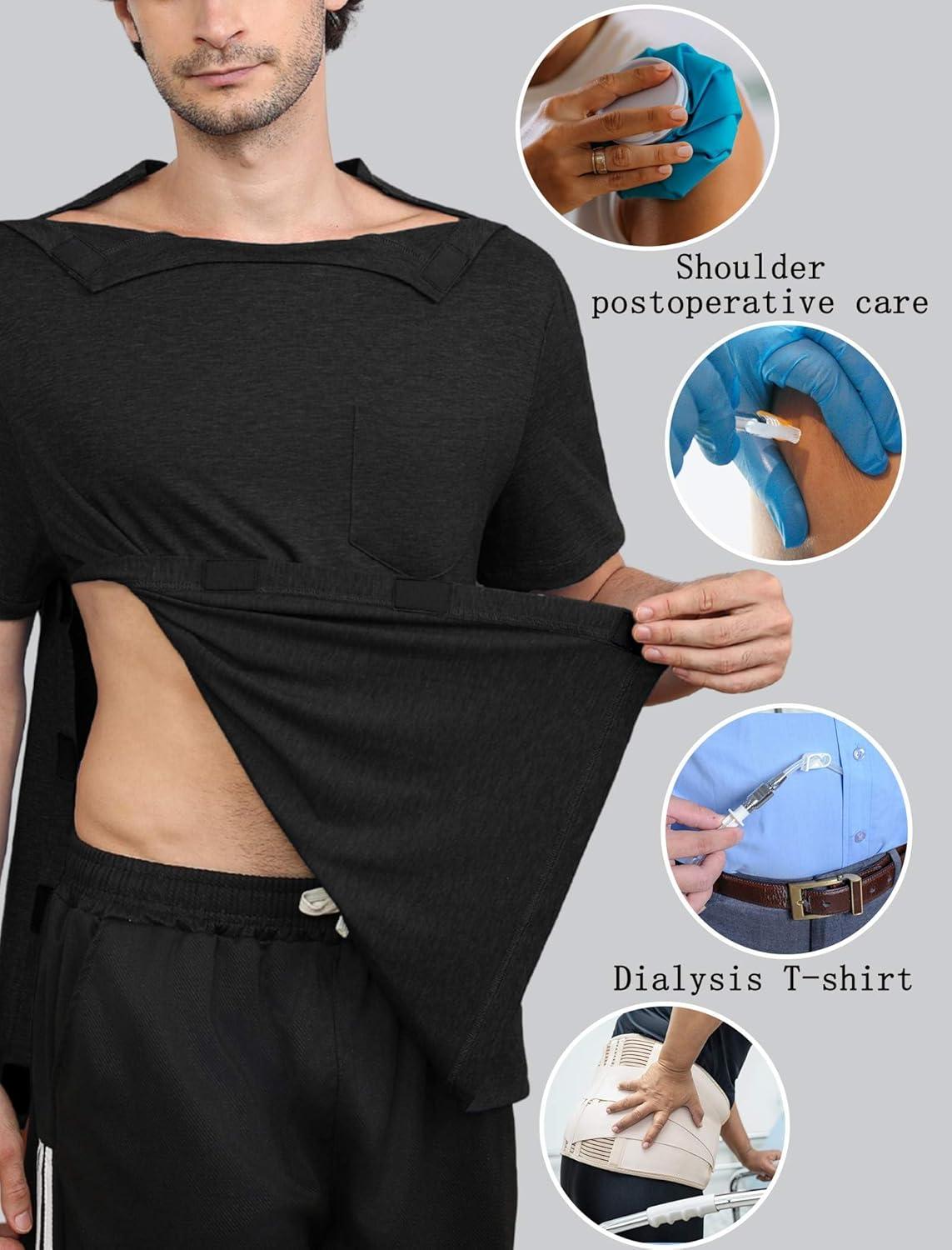 imageDeyeek Shoulder Post Surgery Recovery Shirts for Men Full Tear Away Short Sleeve T Shirt Adaptive Chemo ClothingBlack