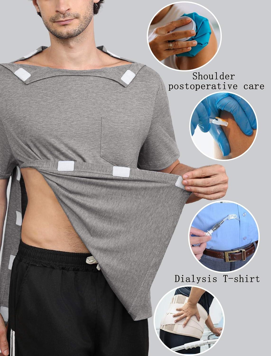 imageDeyeek Shoulder Post Surgery Recovery Shirts for Men Full Tear Away Short Sleeve T Shirt Adaptive Chemo ClothingLight Gray