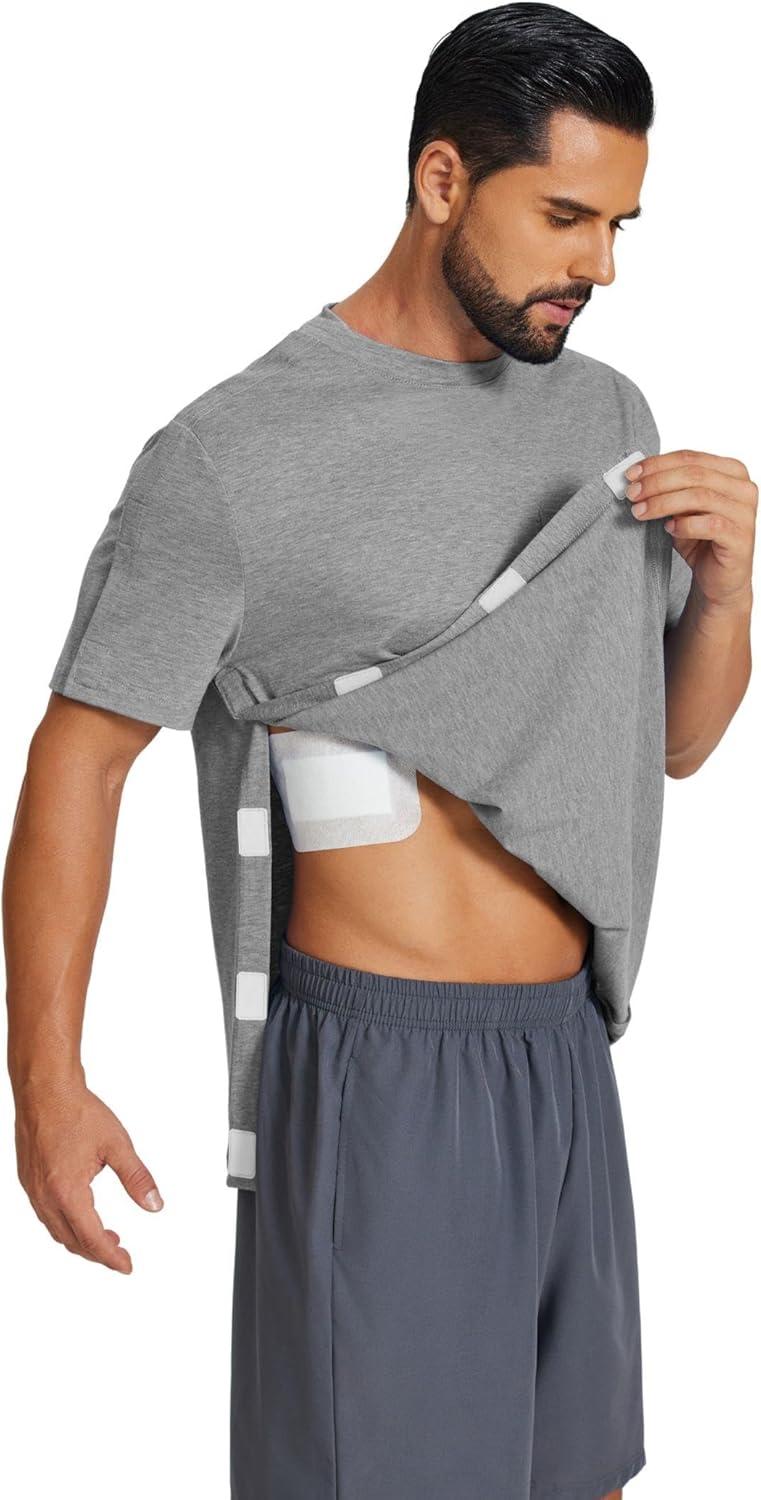 imageDeyeek Shoulder Post Surgery Recovery Shirts for Men Full Tear Away Short Sleeve T Shirt Adaptive Chemo ClothingLight Gray