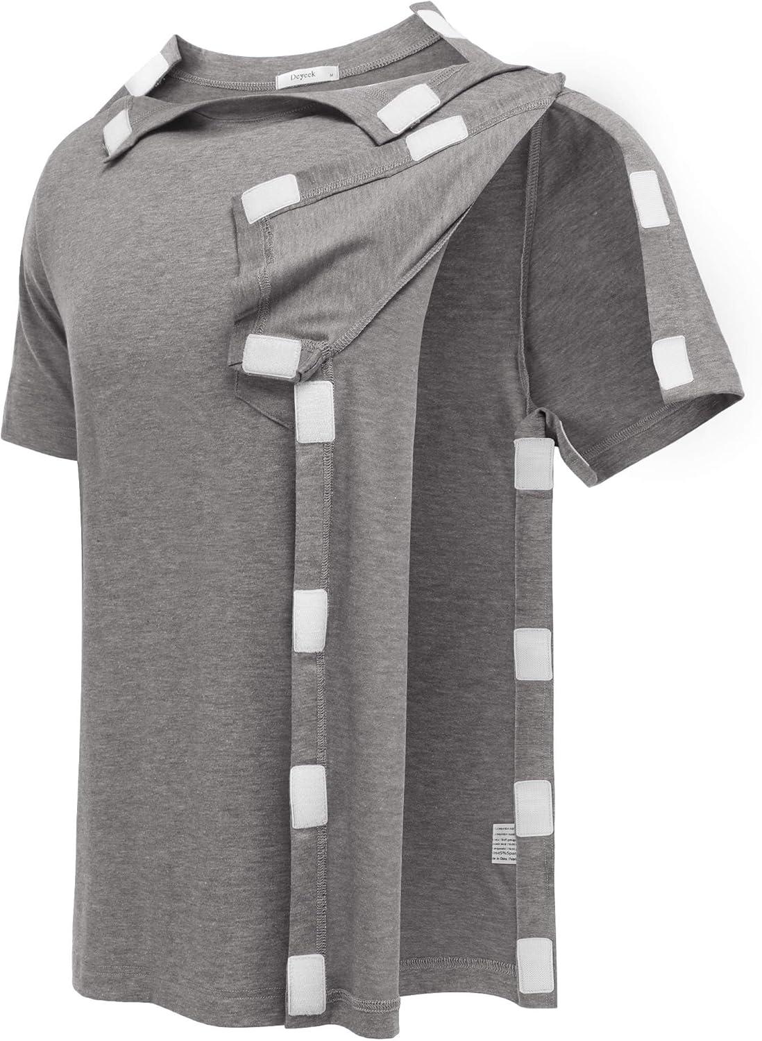 imageDeyeek Shoulder Post Surgery Recovery Shirts for Men Full Tear Away Short Sleeve T Shirt Adaptive Chemo ClothingLight Gray