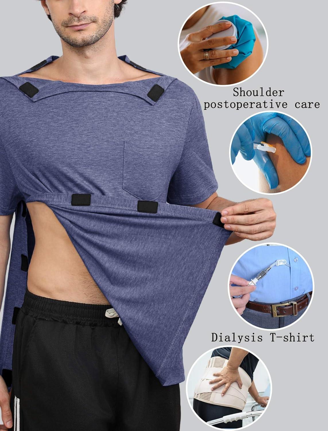 imageDeyeek Shoulder Post Surgery Recovery Shirts for Men Full Tear Away Short Sleeve T Shirt Adaptive Chemo ClothingNavy Blue