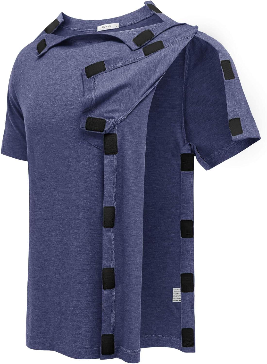 imageDeyeek Shoulder Post Surgery Recovery Shirts for Men Full Tear Away Short Sleeve T Shirt Adaptive Chemo ClothingNavy Blue