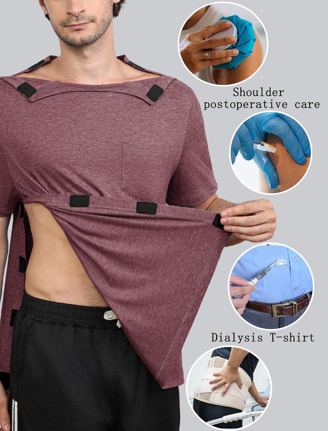 imageDeyeek Shoulder Post Surgery Recovery Shirts for Men Full Tear Away Short Sleeve T Shirt Adaptive Chemo ClothingRed