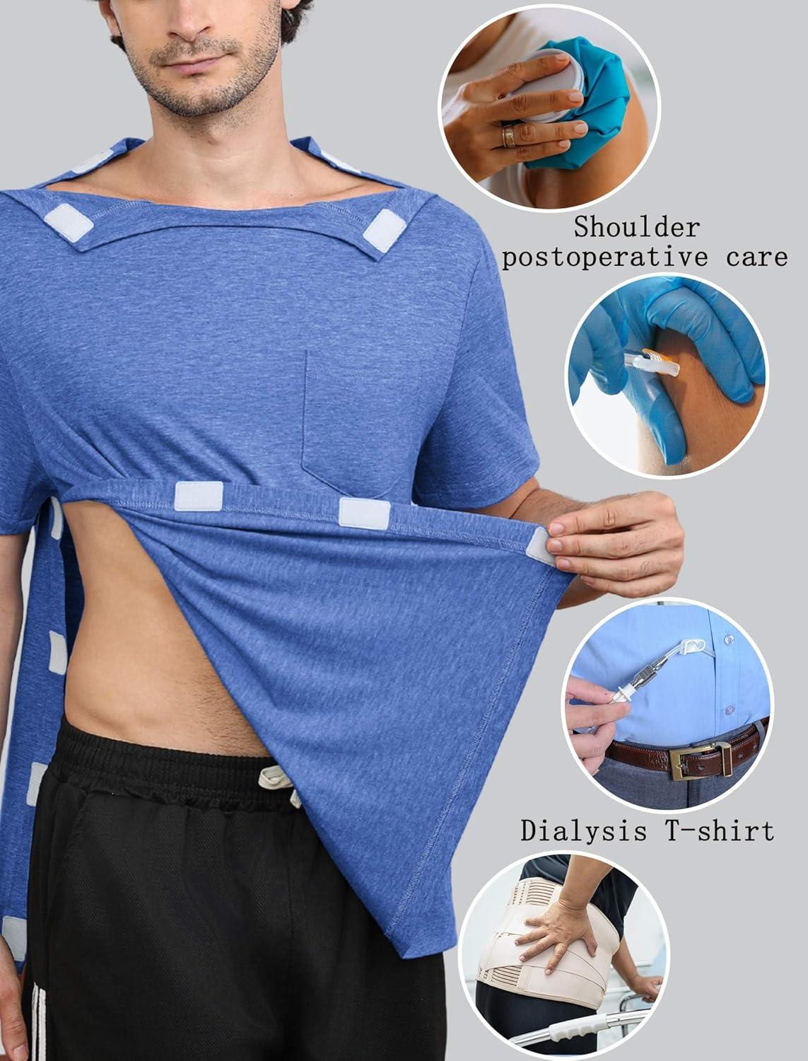 imageDeyeek Shoulder Post Surgery Recovery Shirts for Men Full Tear Away Short Sleeve T Shirt Adaptive Chemo ClothingSky Blue