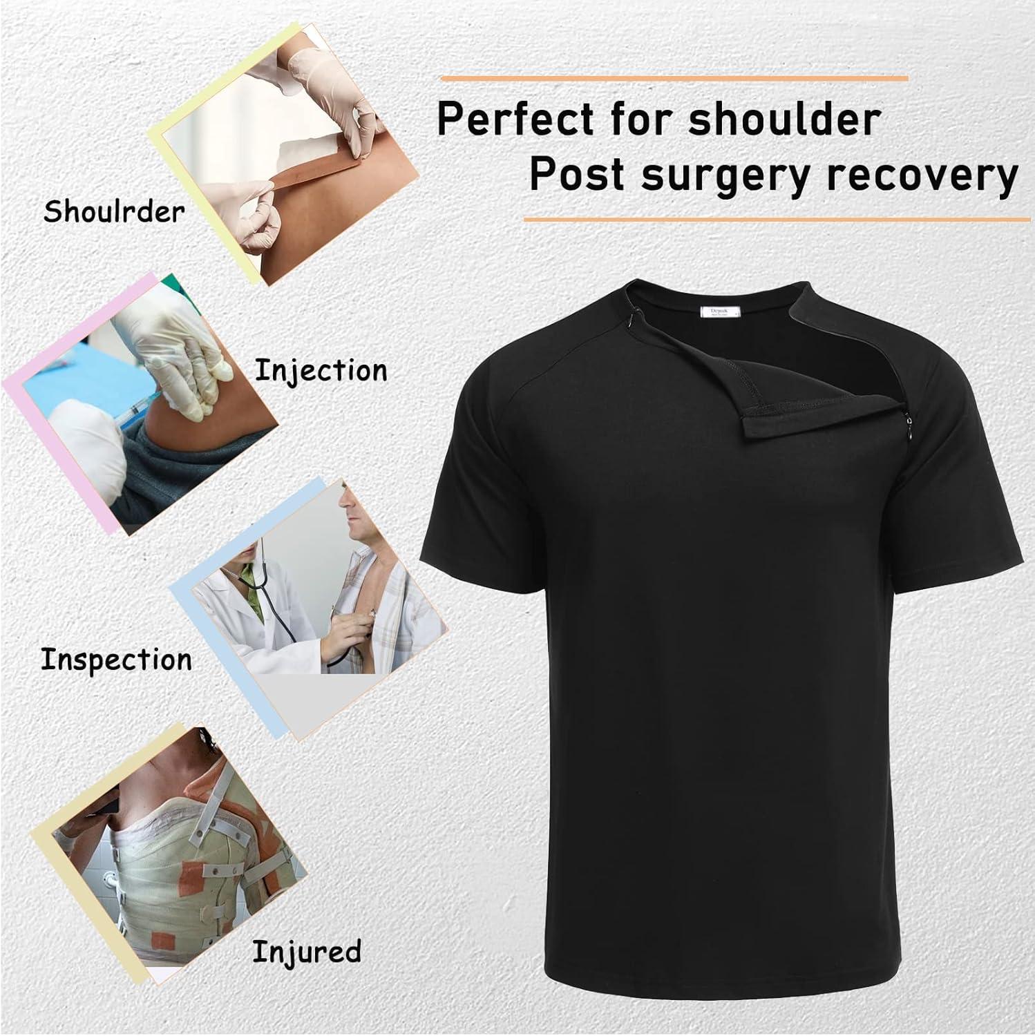 imageDeyeek Unisex Chemo Port Shirts Post Shoulder Surgery Recovery Shirts Tear Away Side Zippers Off Full Open Chemo ClothingBlack