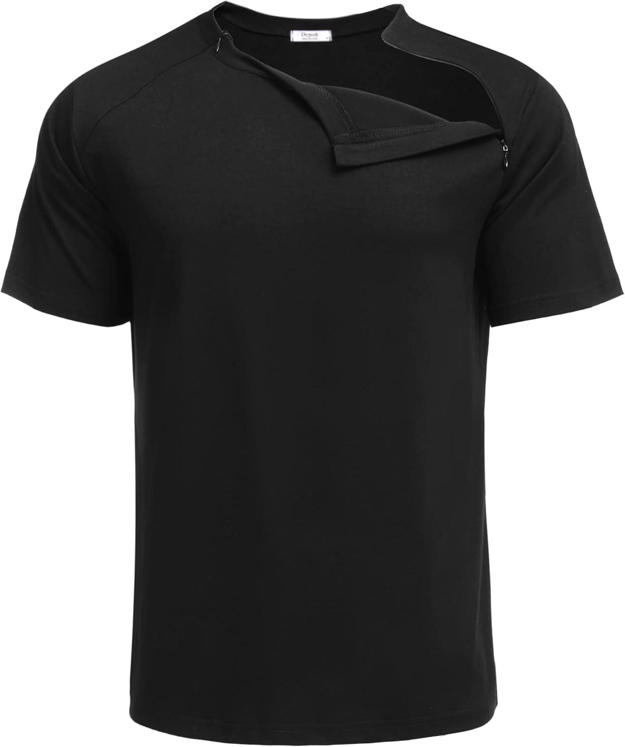 imageDeyeek Unisex Chemo Port Shirts Post Shoulder Surgery Recovery Shirts Tear Away Side Zippers Off Full Open Chemo ClothingBlack