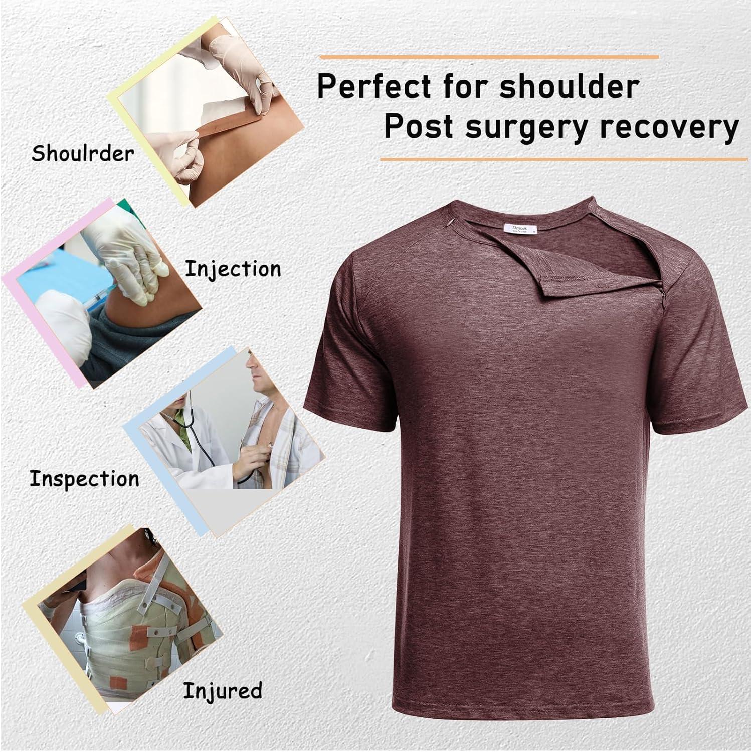 imageDeyeek Unisex Chemo Port Shirts Post Shoulder Surgery Recovery Shirts Tear Away Side Zippers Off Full Open Chemo ClothingDark Red
