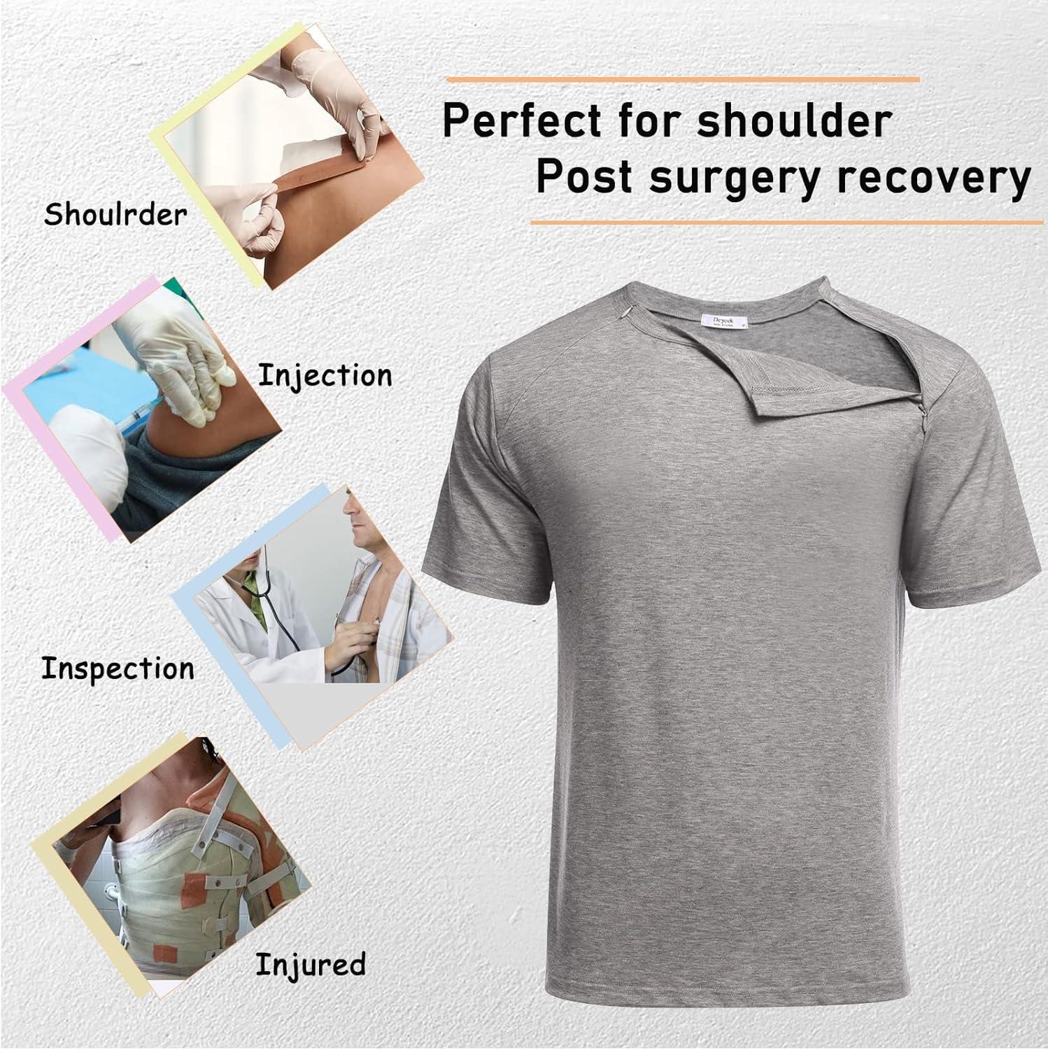 imageDeyeek Unisex Chemo Port Shirts Post Shoulder Surgery Recovery Shirts Tear Away Side Zippers Off Full Open Chemo ClothingGrey