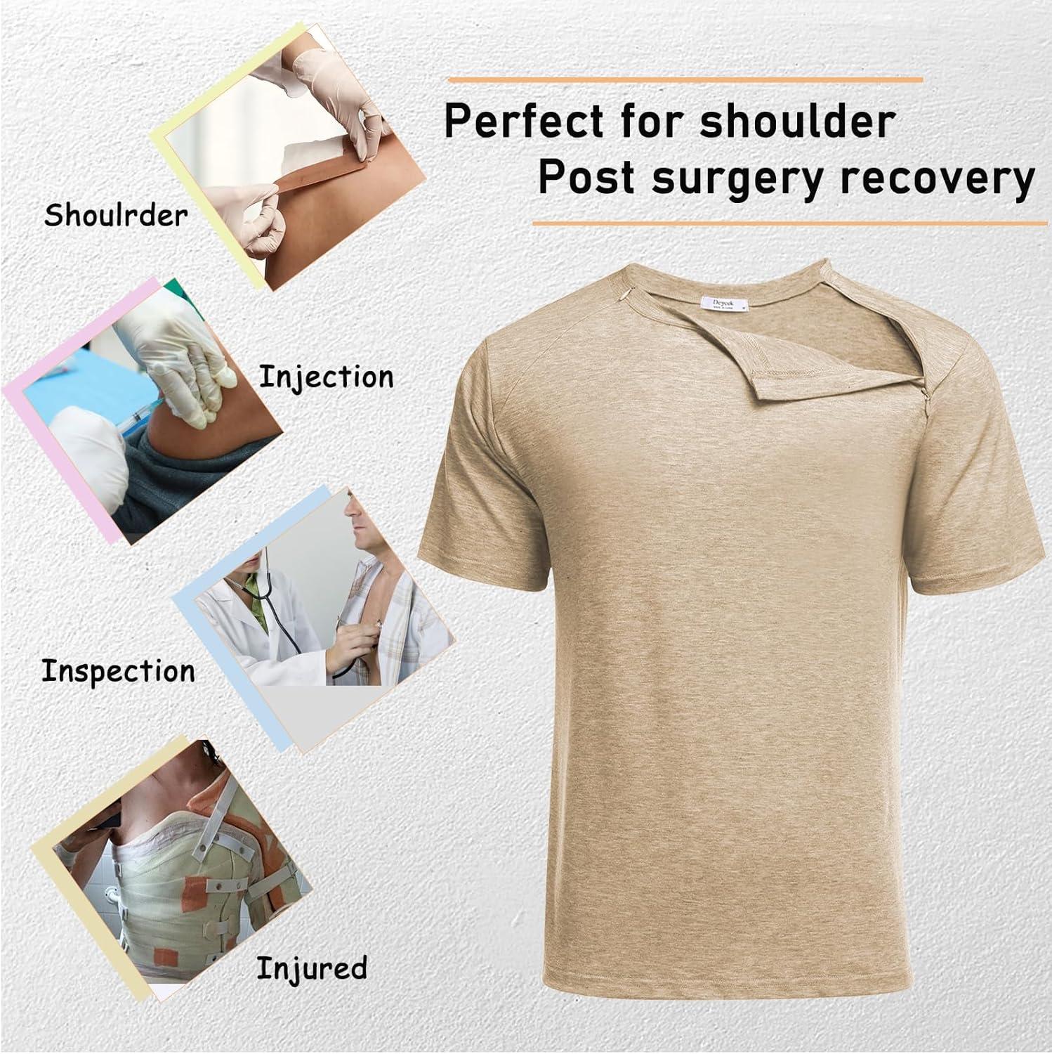 imageDeyeek Unisex Chemo Port Shirts Post Shoulder Surgery Recovery Shirts Tear Away Side Zippers Off Full Open Chemo ClothingKhaki