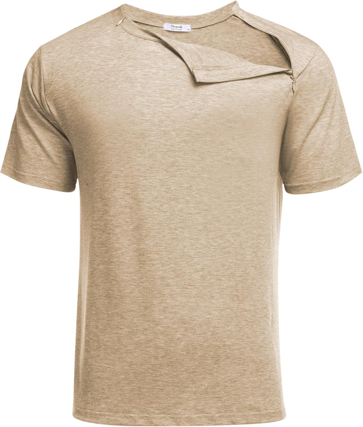 imageDeyeek Unisex Chemo Port Shirts Post Shoulder Surgery Recovery Shirts Tear Away Side Zippers Off Full Open Chemo ClothingKhaki