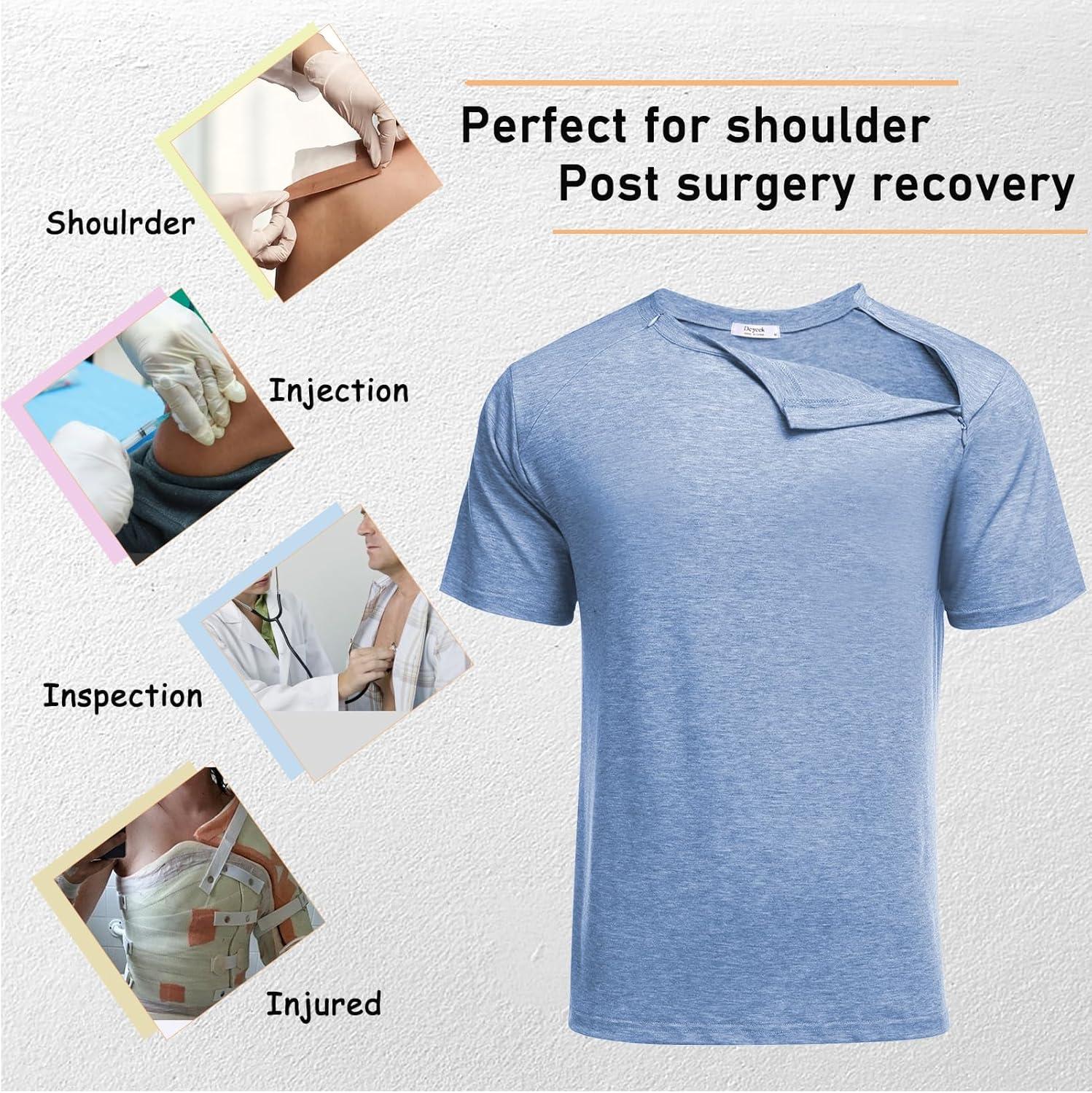 imageDeyeek Unisex Chemo Port Shirts Post Shoulder Surgery Recovery Shirts Tear Away Side Zippers Off Full Open Chemo ClothingLight Blue
