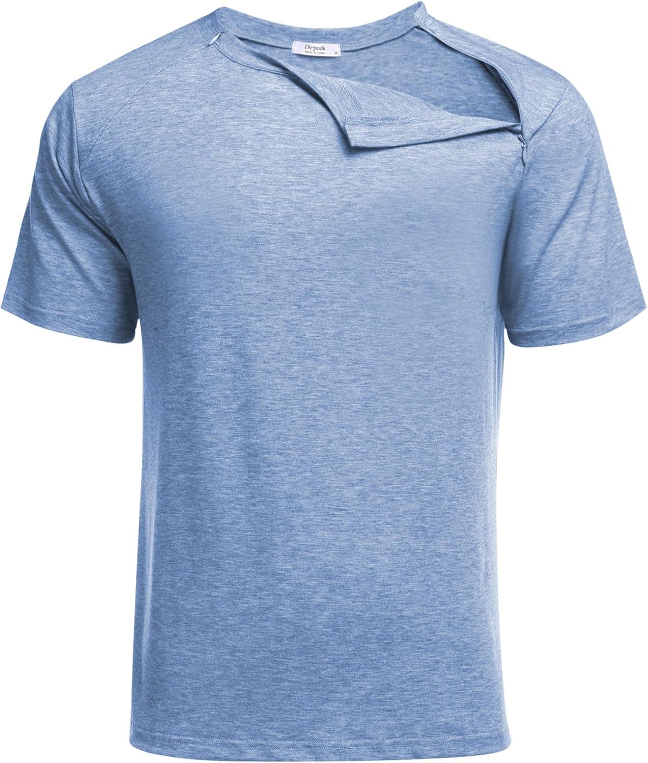 imageDeyeek Unisex Chemo Port Shirts Post Shoulder Surgery Recovery Shirts Tear Away Side Zippers Off Full Open Chemo ClothingLight Blue