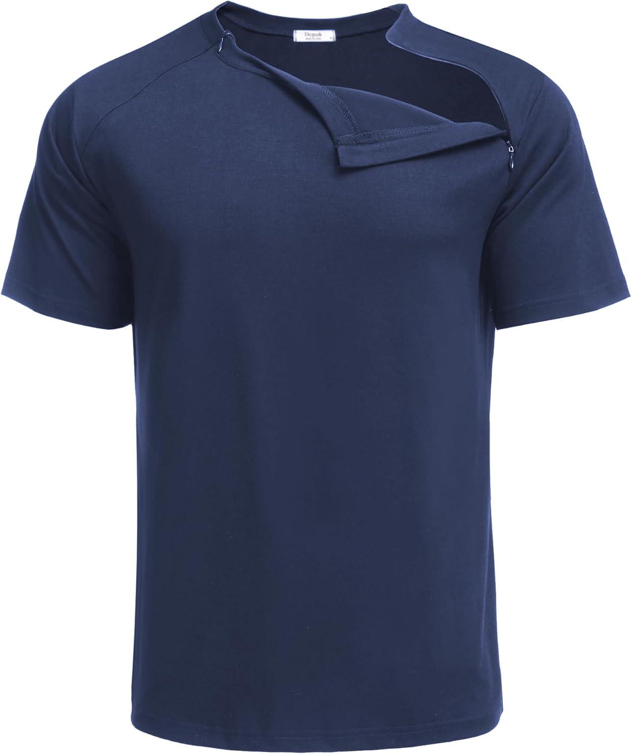 imageDeyeek Unisex Chemo Port Shirts Post Shoulder Surgery Recovery Shirts Tear Away Side Zippers Off Full Open Chemo ClothingNavy Blue