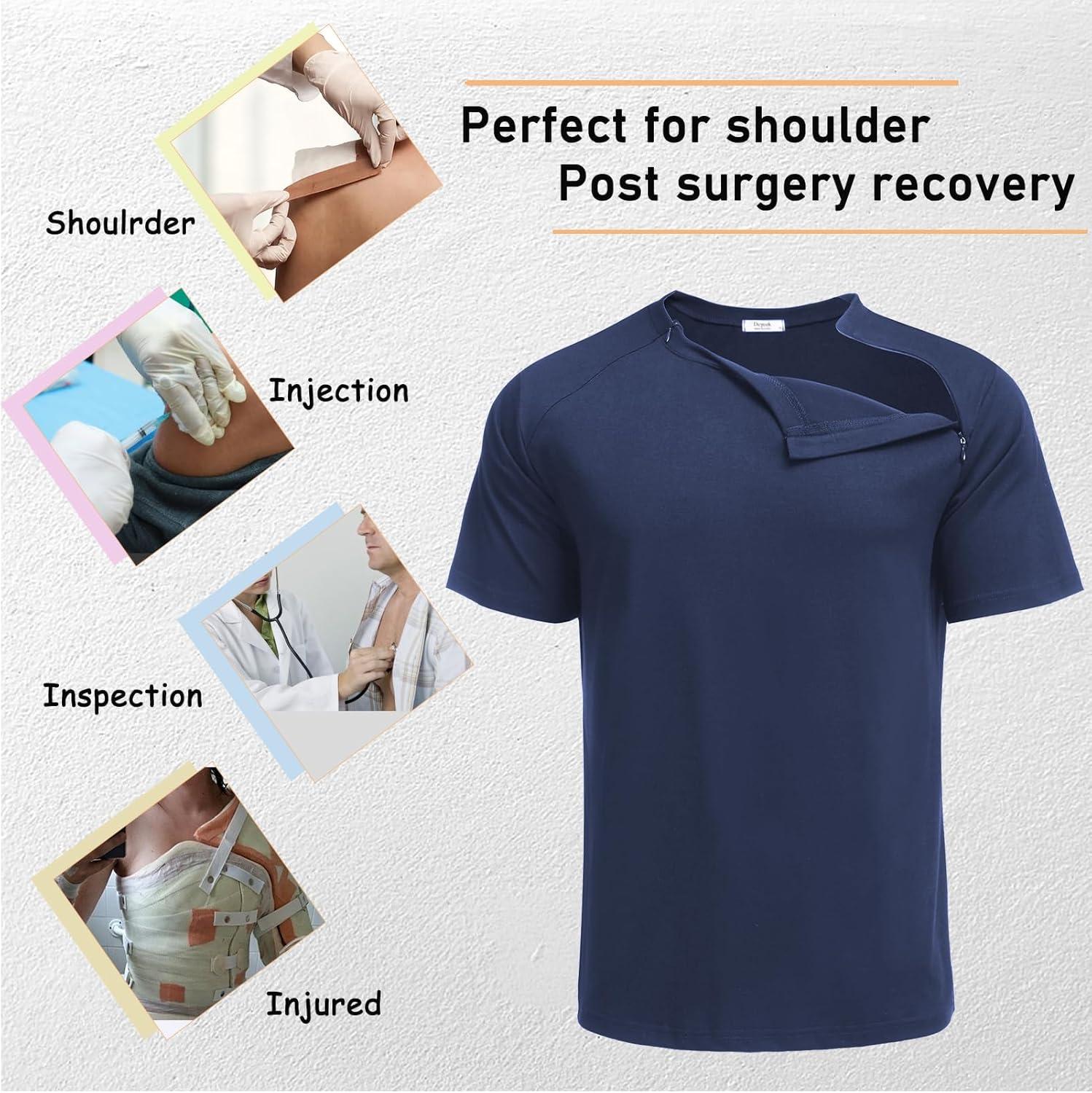 imageDeyeek Unisex Chemo Port Shirts Post Shoulder Surgery Recovery Shirts Tear Away Side Zippers Off Full Open Chemo ClothingNavy Blue
