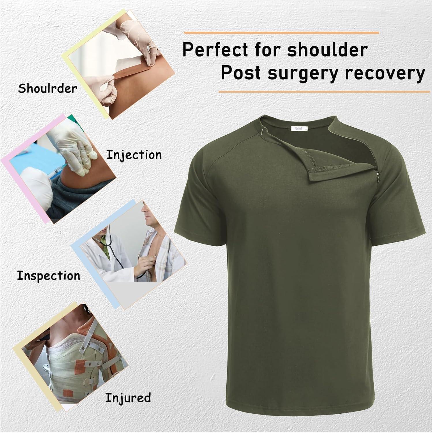 imageDeyeek Unisex Chemo Port Shirts Post Shoulder Surgery Recovery Shirts Tear Away Side Zippers Off Full Open Chemo ClothingOlive Green