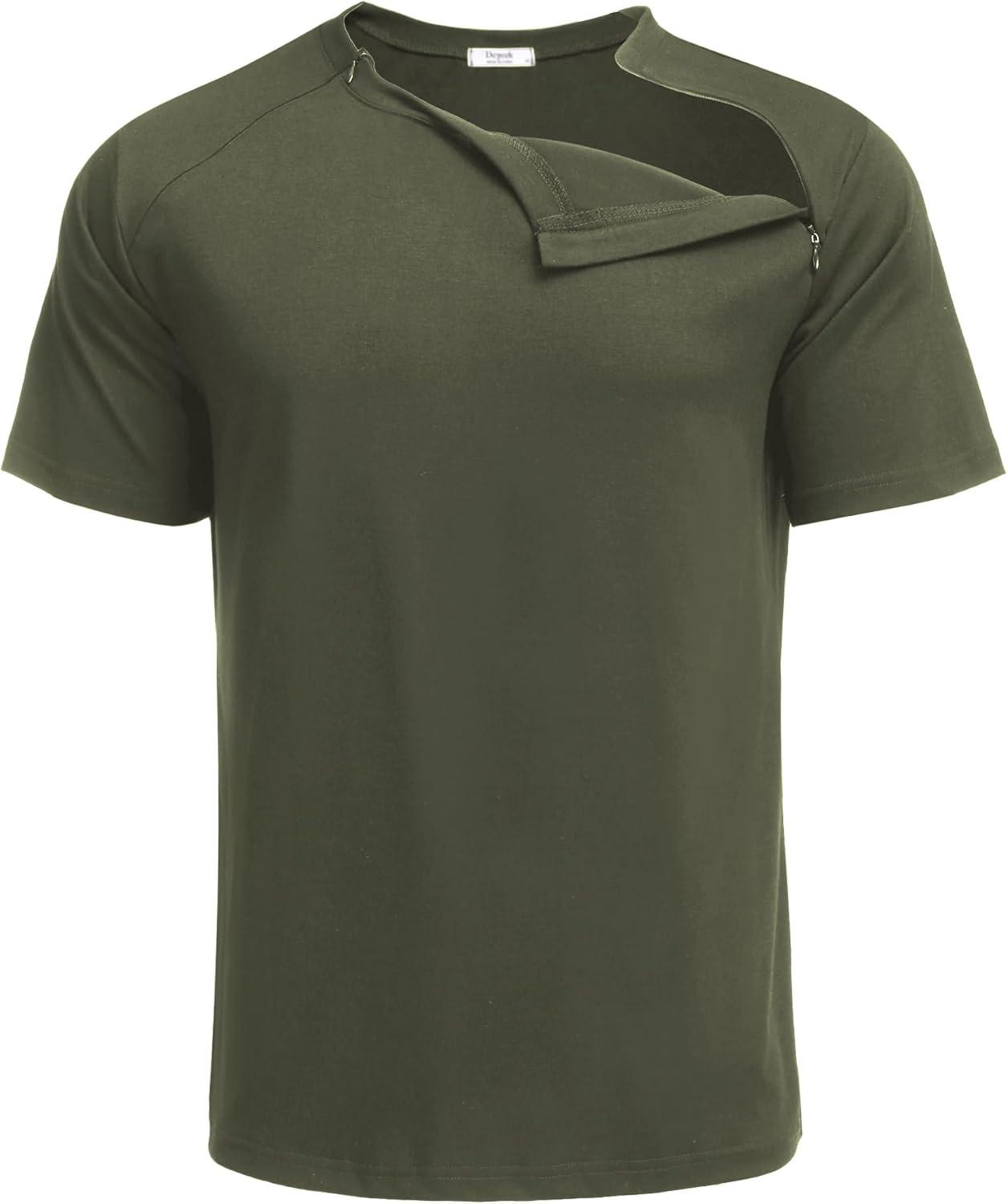 imageDeyeek Unisex Chemo Port Shirts Post Shoulder Surgery Recovery Shirts Tear Away Side Zippers Off Full Open Chemo ClothingOlive Green