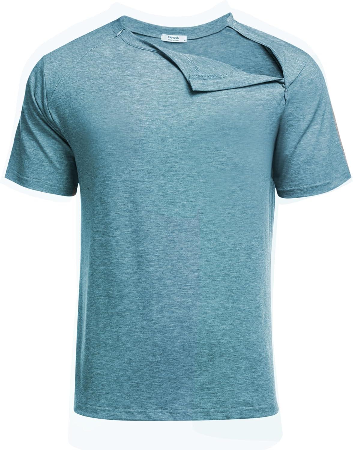 imageDeyeek Unisex Chemo Port Shirts Post Shoulder Surgery Recovery Shirts Tear Away Side Zippers Off Full Open Chemo ClothingPeacock Blue