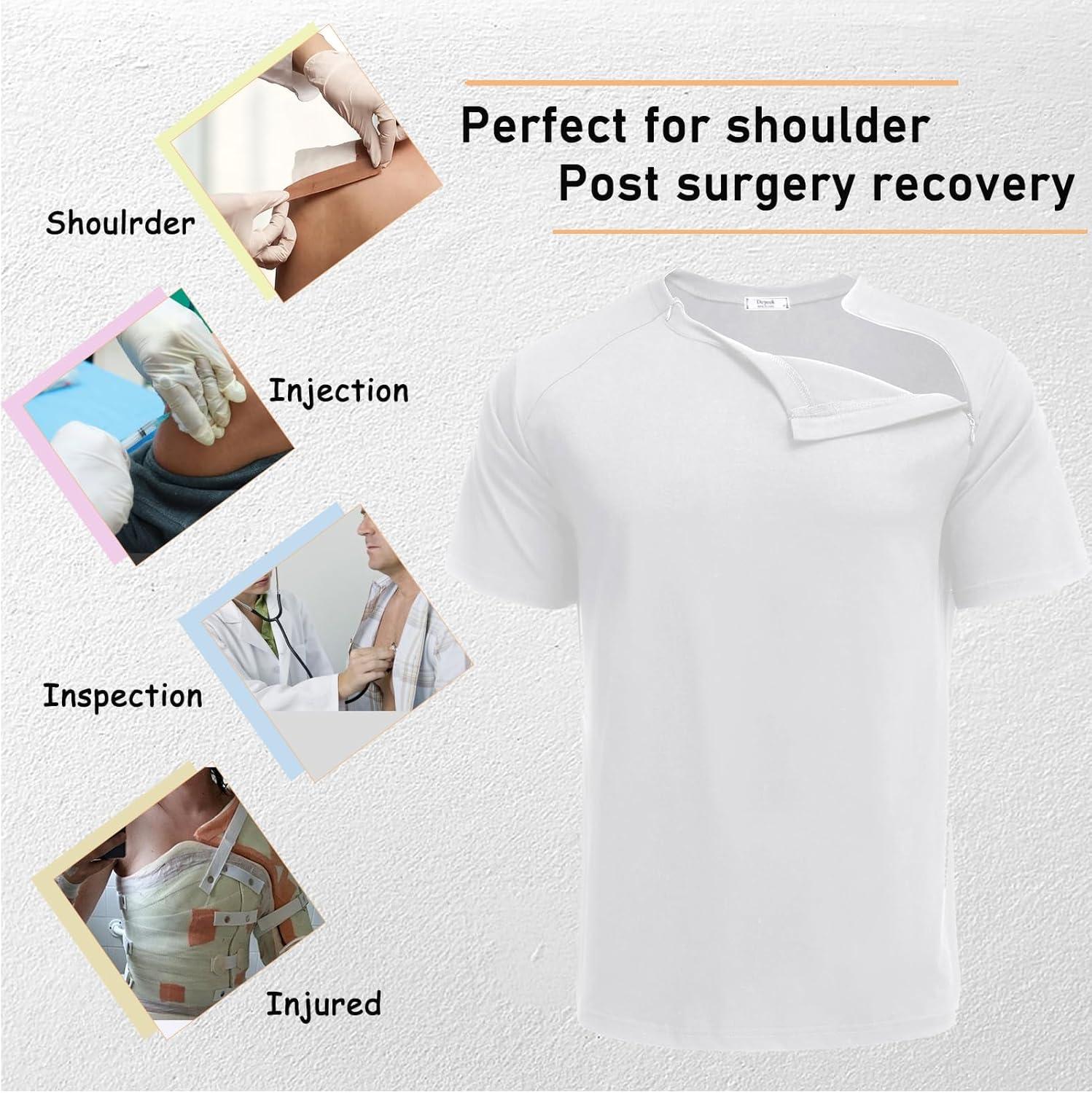 imageDeyeek Unisex Chemo Port Shirts Post Shoulder Surgery Recovery Shirts Tear Away Side Zippers Off Full Open Chemo ClothingWhite
