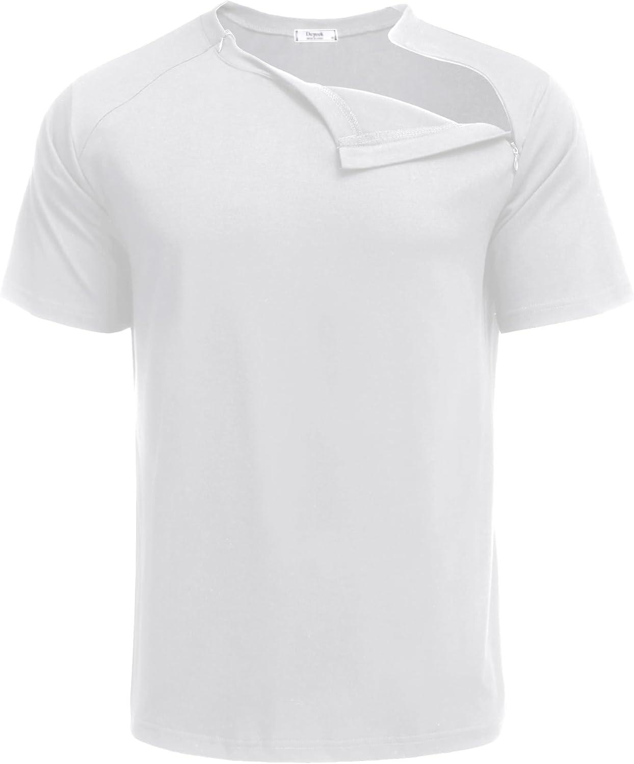 imageDeyeek Unisex Chemo Port Shirts Post Shoulder Surgery Recovery Shirts Tear Away Side Zippers Off Full Open Chemo ClothingWhite