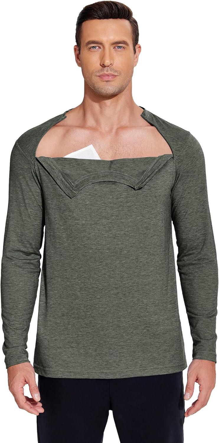 imageDeyeek Unisex Chemo Shirts for Port Access Chemotherapy Must Haves Long Sleeve Cancer Care Package for MenDark Army Green