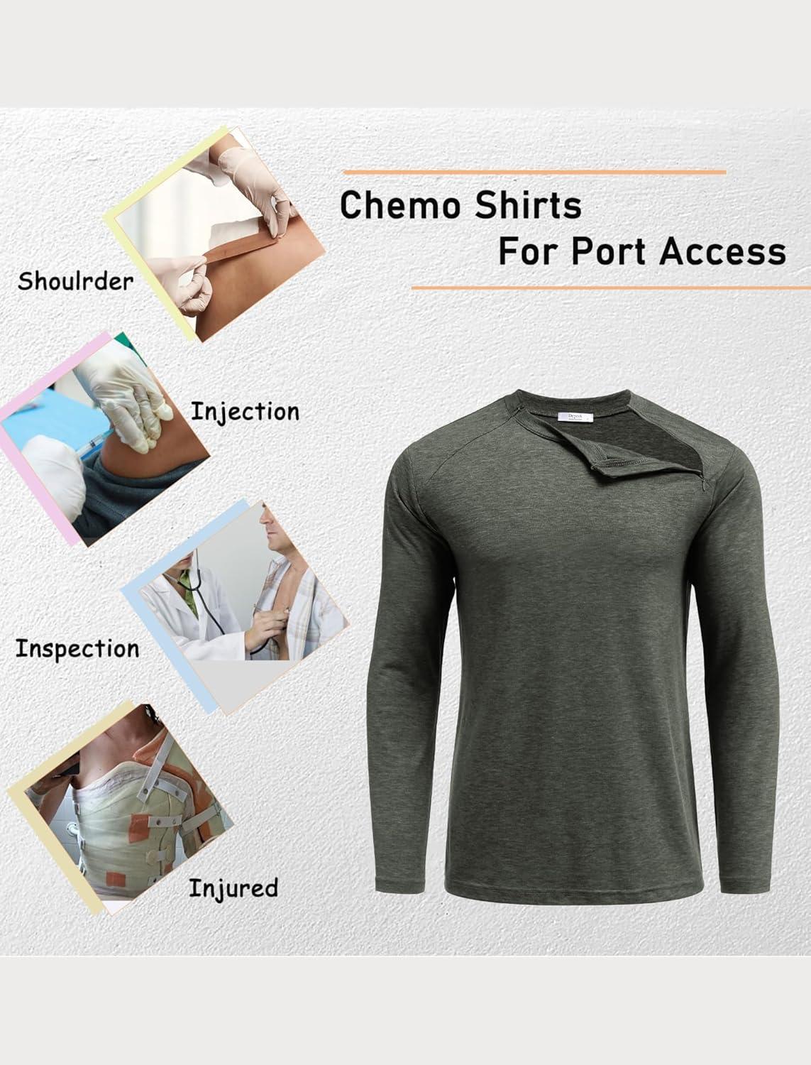 imageDeyeek Unisex Chemo Shirts for Port Access Chemotherapy Must Haves Long Sleeve Cancer Care Package for MenDark Army Green