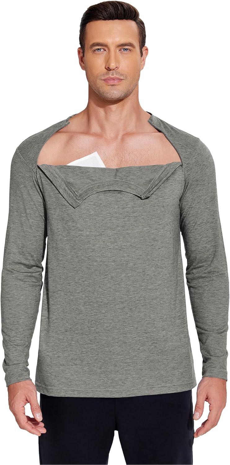 imageDeyeek Unisex Chemo Shirts for Port Access Chemotherapy Must Haves Long Sleeve Cancer Care Package for MenLight Grey