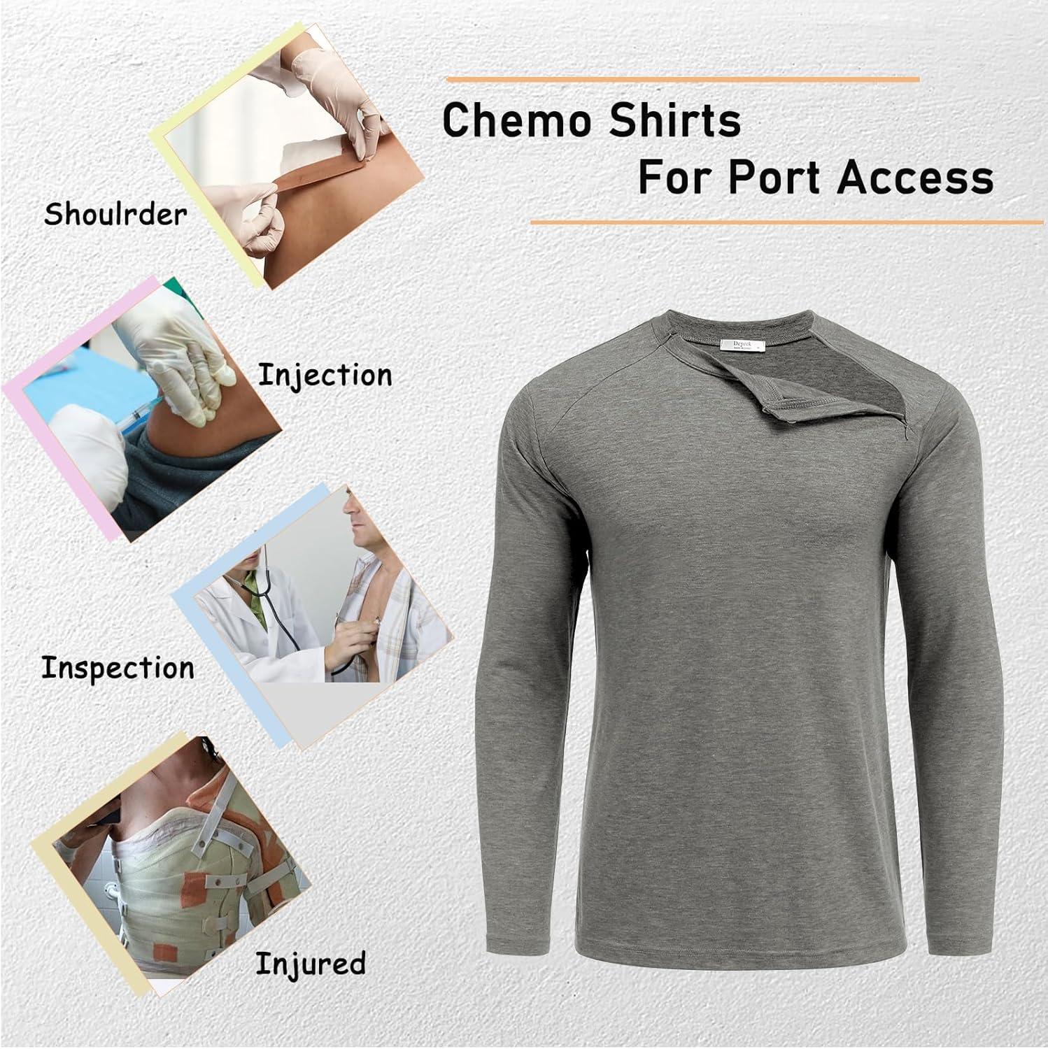 imageDeyeek Unisex Chemo Shirts for Port Access Chemotherapy Must Haves Long Sleeve Cancer Care Package for MenLight Grey